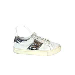 Tory Burch Carter White Leather Gold Sequin Lace-Up Sneakers